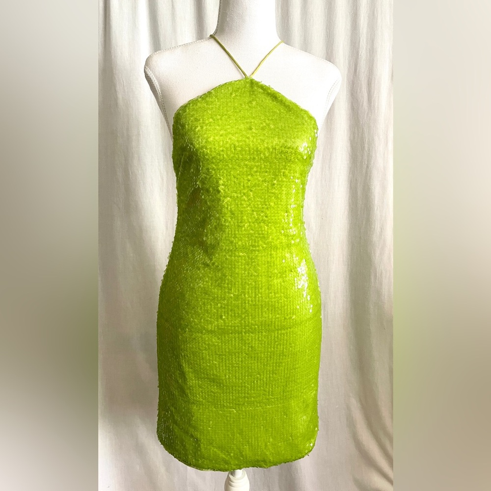 Lime green sequined mini dress. Size S. Backless halter dress
